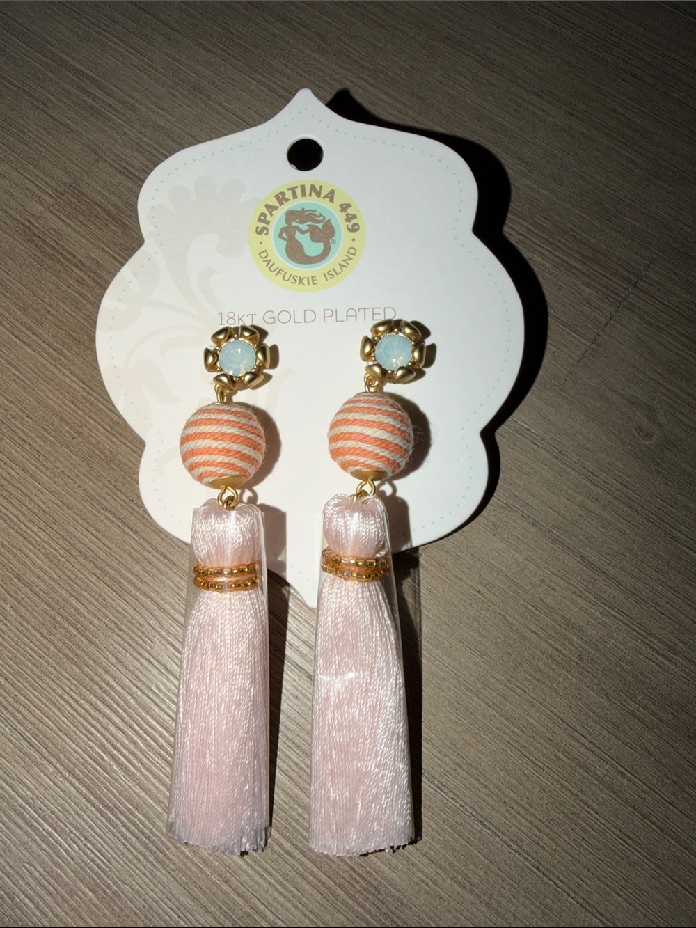 Spartina 449 Blush Pink Tassel Drop Earrings with Coral-Striped Beads